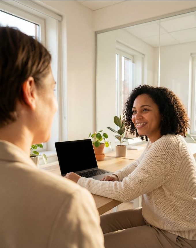 Échange entre un conseiller et une gestionnaire locative dans un bureau lumineux